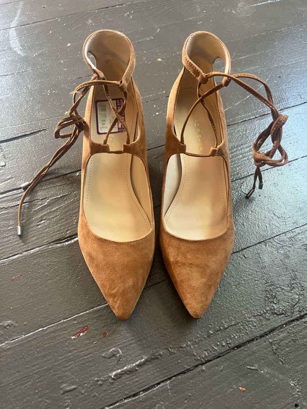 Marc Fisher Tan Suede Pointed-Toe Lace-Up Wedges - Picture 2 of 9